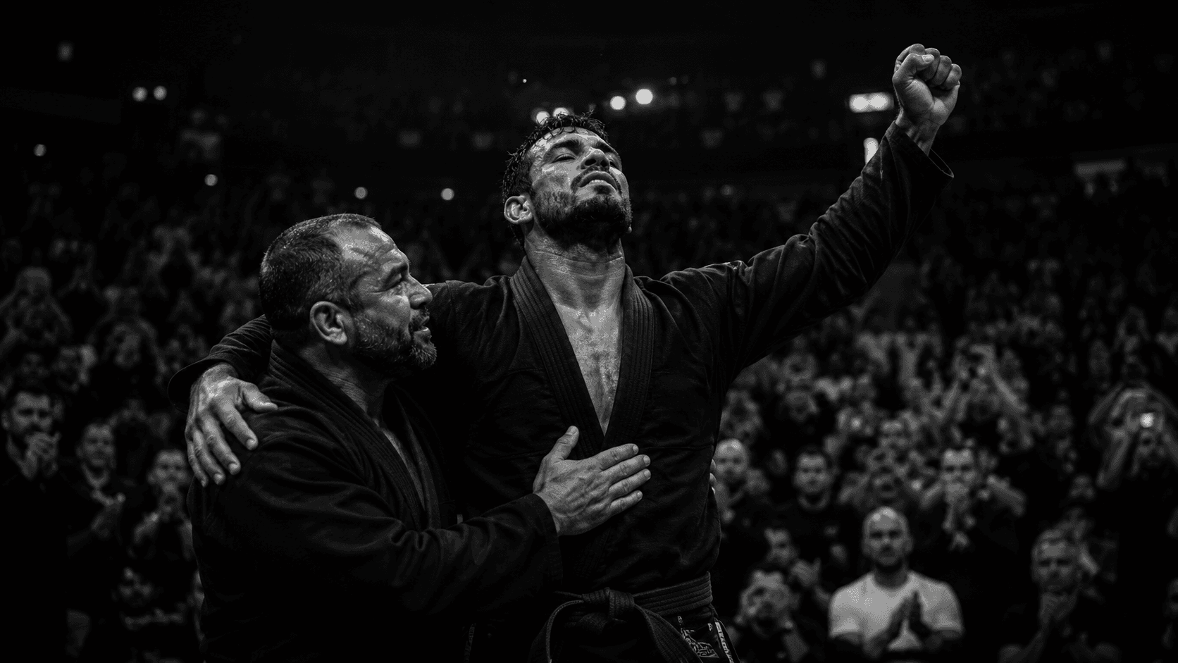 Campeão Checkmat celebrando no pódio de competição